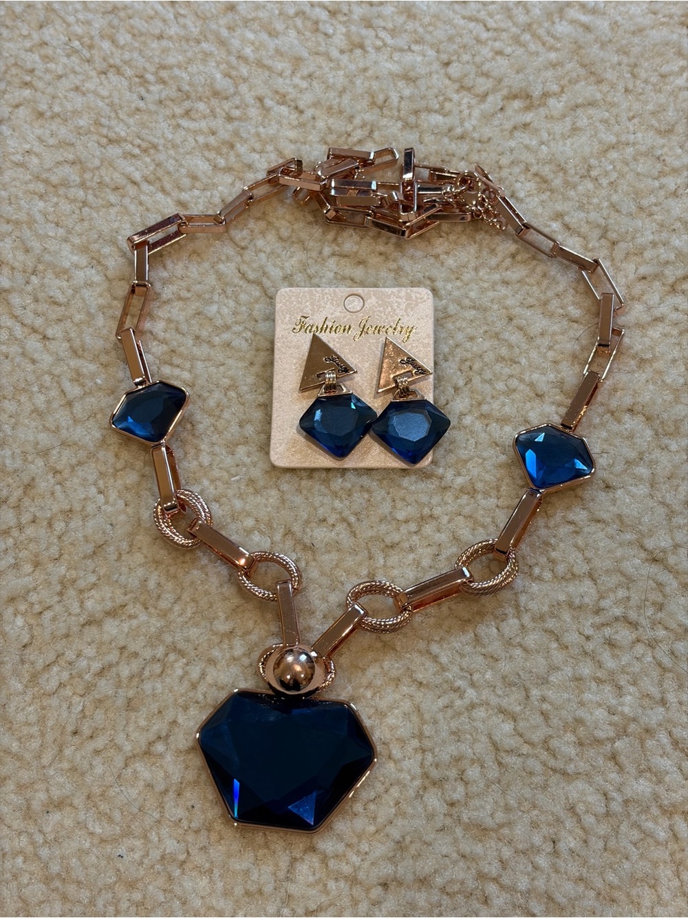 Fashion Jewelry Rose Gold-Tone Necklace and Earring Set with Deep Blue Stones